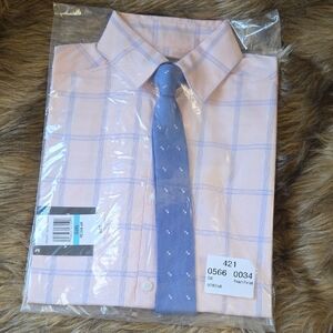 Boy's Peach Checkered Shirt with Blue Tie
